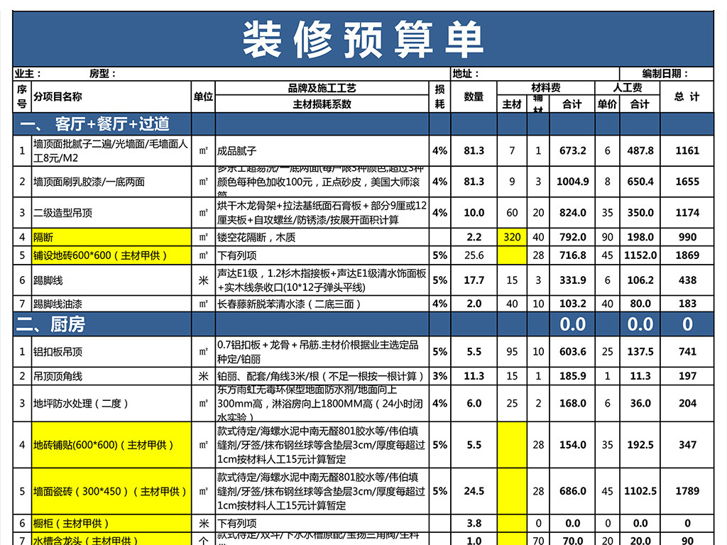 杭州裝修報(bào)價(jià)表