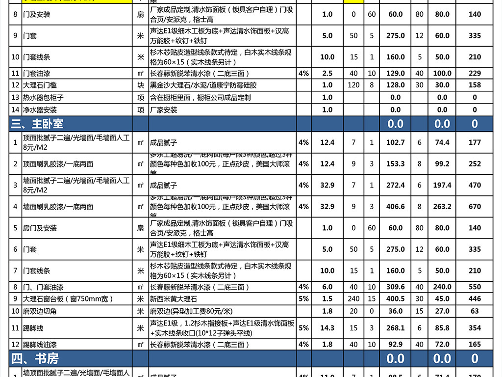 杭州裝修報價表